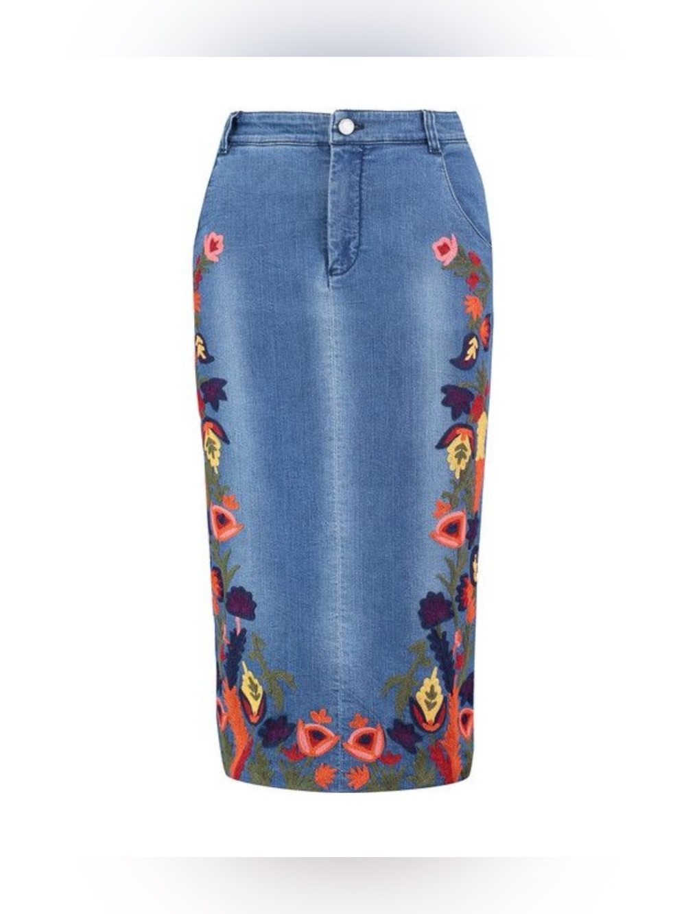 Alice + Olivi Samir Embroidered Denim/Jean Midi Skirt. Size 0/XS